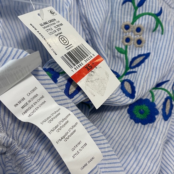 karen kane size XS Embroidered Blue stripesFloral Women's Top - Picture 7 of 8